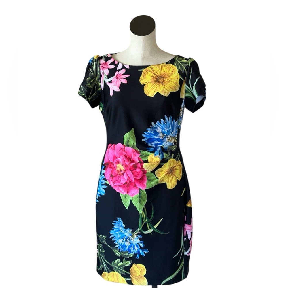 NWOT KARL LAGERFELD Ruched Sleeve Floral Y2K Suba Sheath Dress 12P - Picture 2 of 6